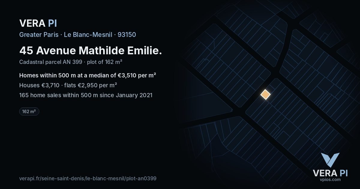 45 Avenue Mathilde Emilie, Le Blanc-Mesnil at night – the plot lit, the parcels around coloured by the prices near them