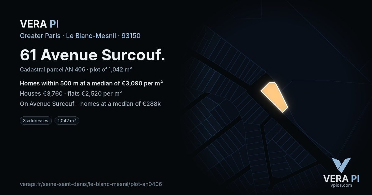 61 Avenue Surcouf, Le Blanc-Mesnil at night – the plot lit, the parcels around coloured by the prices near them