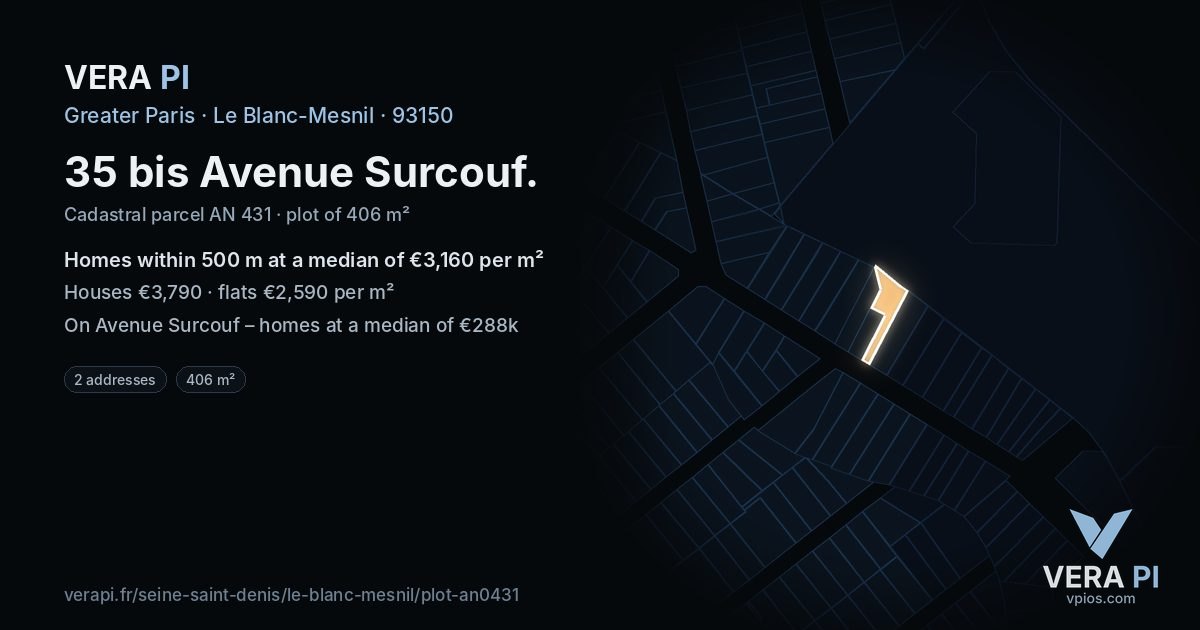 35 bis Avenue Surcouf, Le Blanc-Mesnil at night – the plot lit, the parcels around coloured by the prices near them