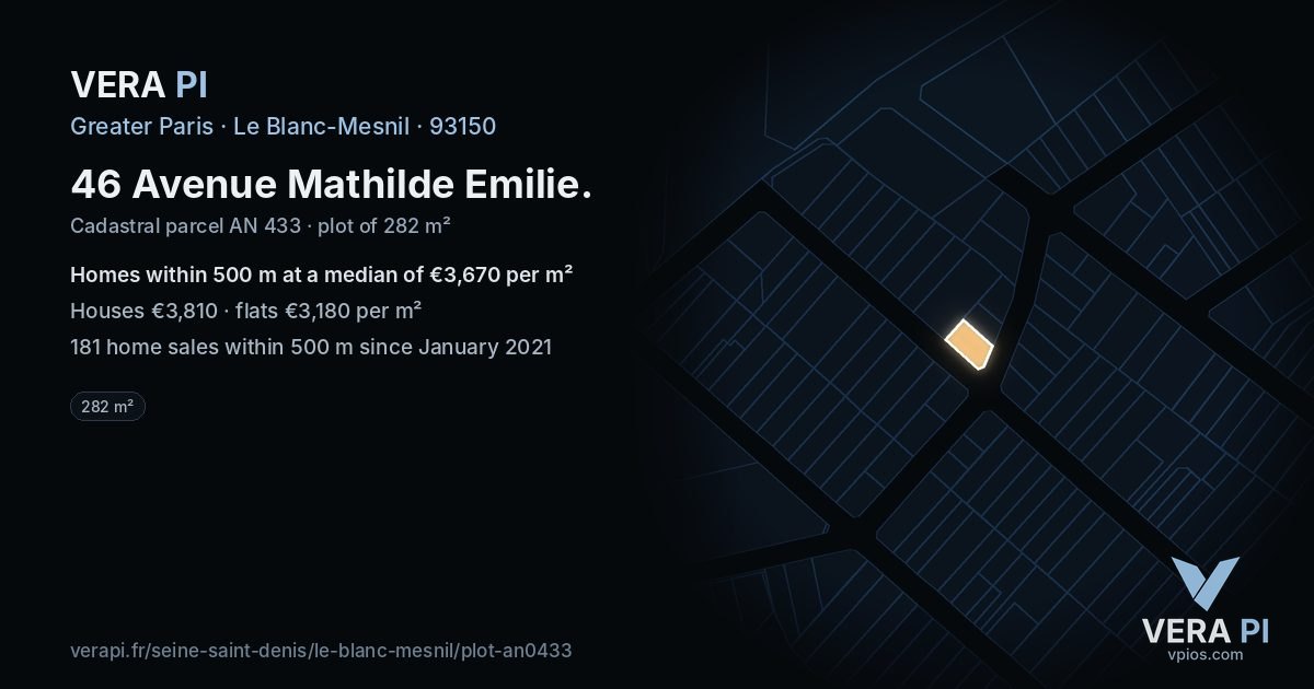 46 Avenue Mathilde Emilie, Le Blanc-Mesnil at night – the plot lit, the parcels around coloured by the prices near them