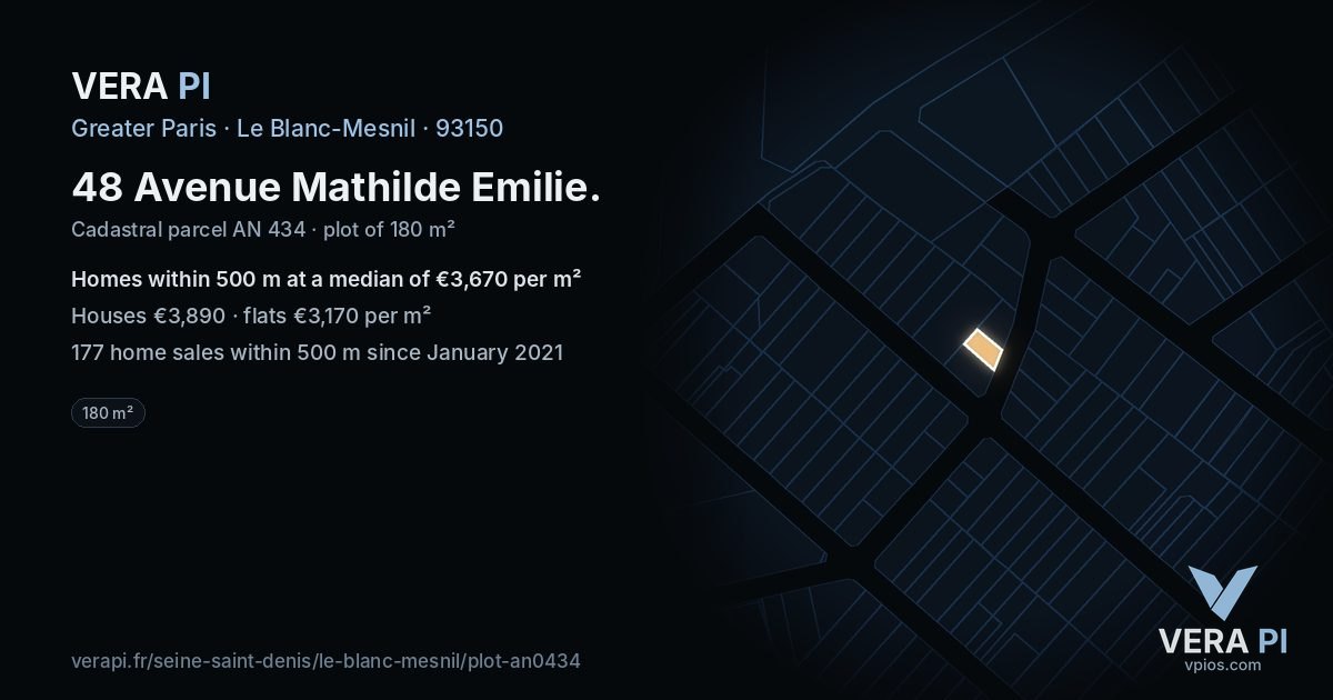 48 Avenue Mathilde Emilie, Le Blanc-Mesnil at night – the plot lit, the parcels around coloured by the prices near them