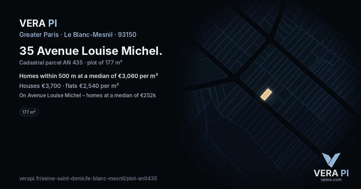 35 Avenue Louise Michel, Le Blanc-Mesnil at night – the plot lit, the parcels around coloured by the prices near them