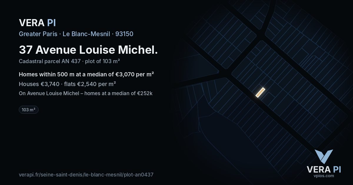 37 Avenue Louise Michel, Le Blanc-Mesnil at night – the plot lit, the parcels around coloured by the prices near them