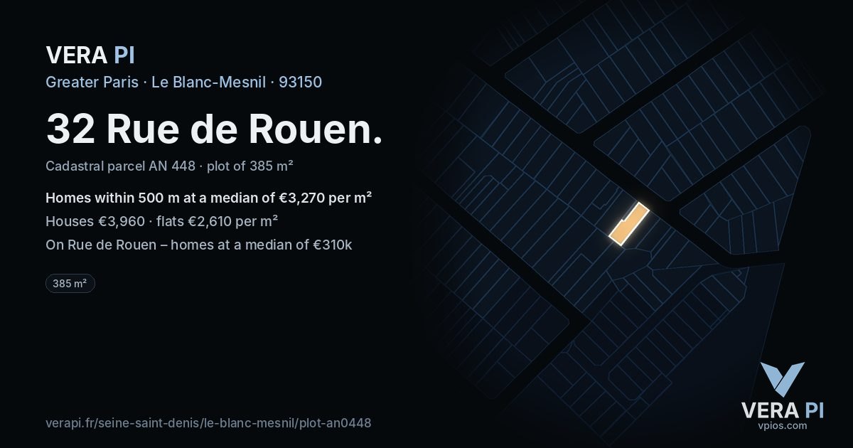32 Rue de Rouen, Le Blanc-Mesnil at night – the plot lit, the parcels around coloured by the prices near them