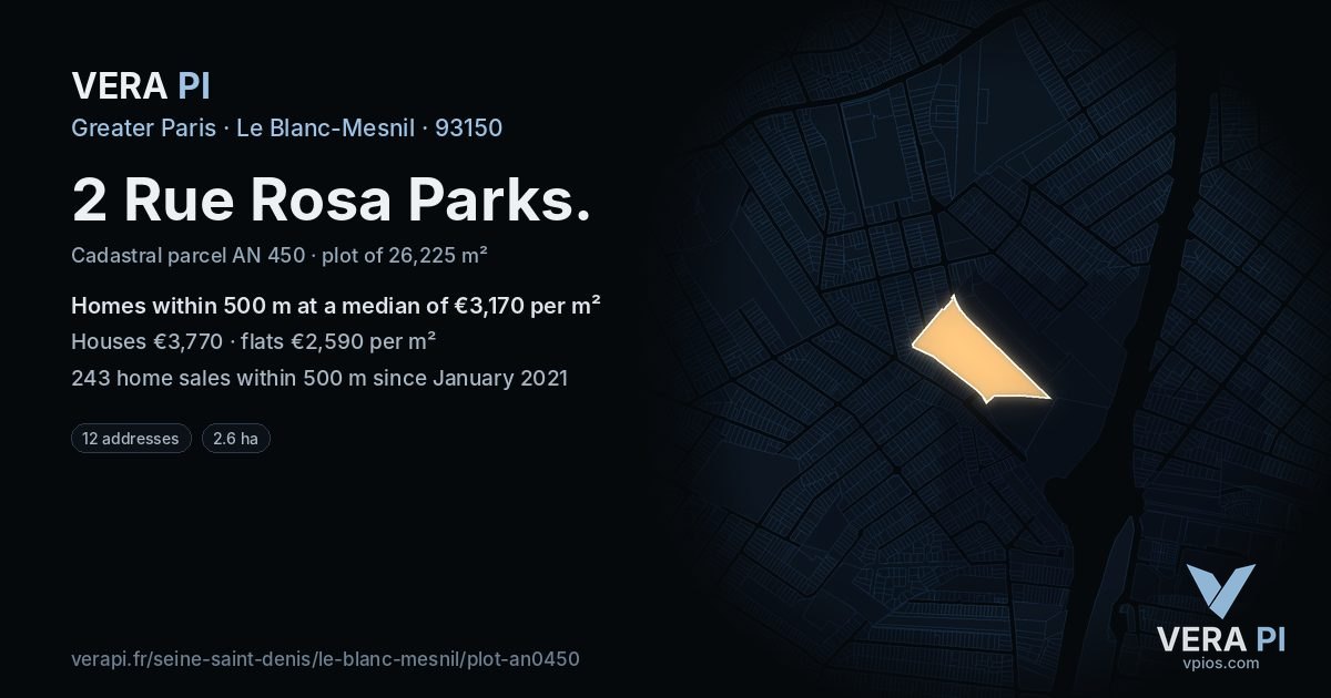 2 Rue Rosa Parks, Le Blanc-Mesnil at night – the plot lit, the parcels around coloured by the prices near them