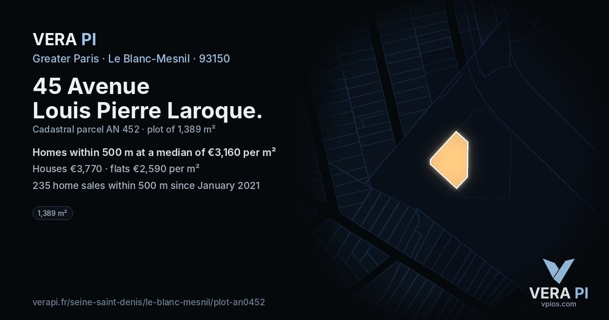 45 Avenue Louis Pierre Laroque, Le Blanc-Mesnil at night – the plot lit, the parcels around coloured by the prices near them