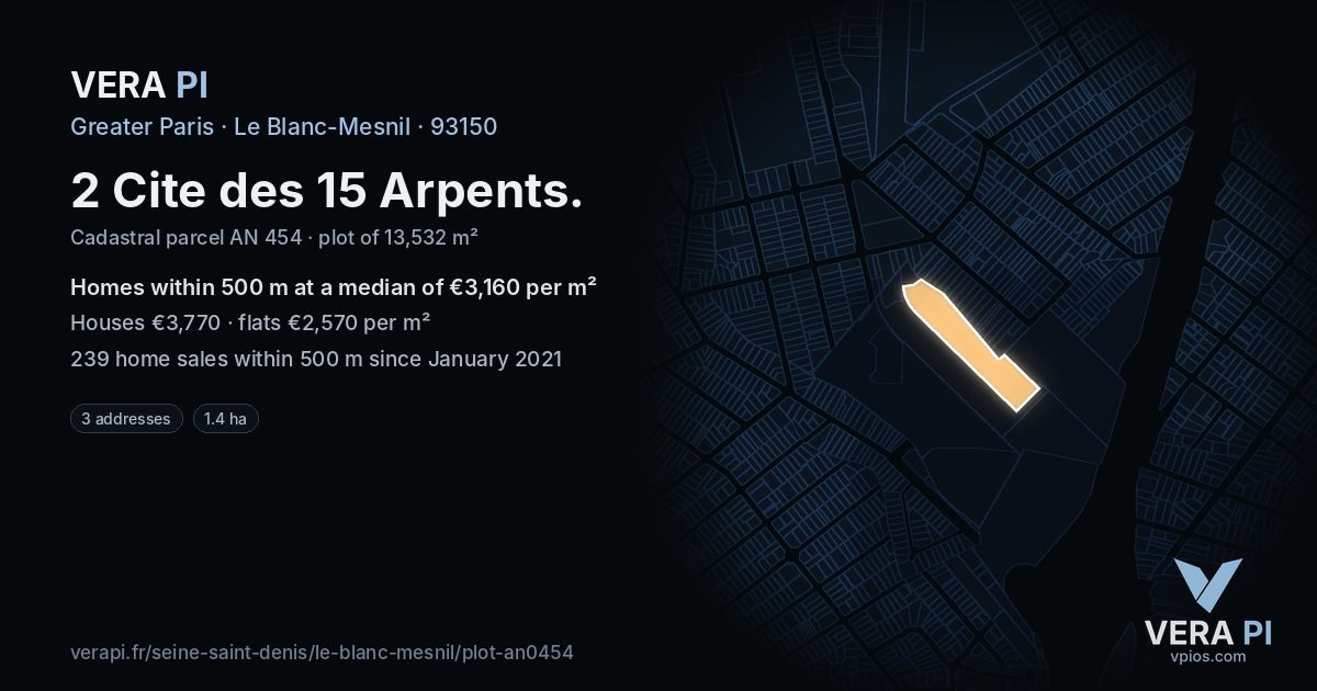 2 Cite des 15 Arpents, Le Blanc-Mesnil at night – the plot lit, the parcels around coloured by the prices near them
