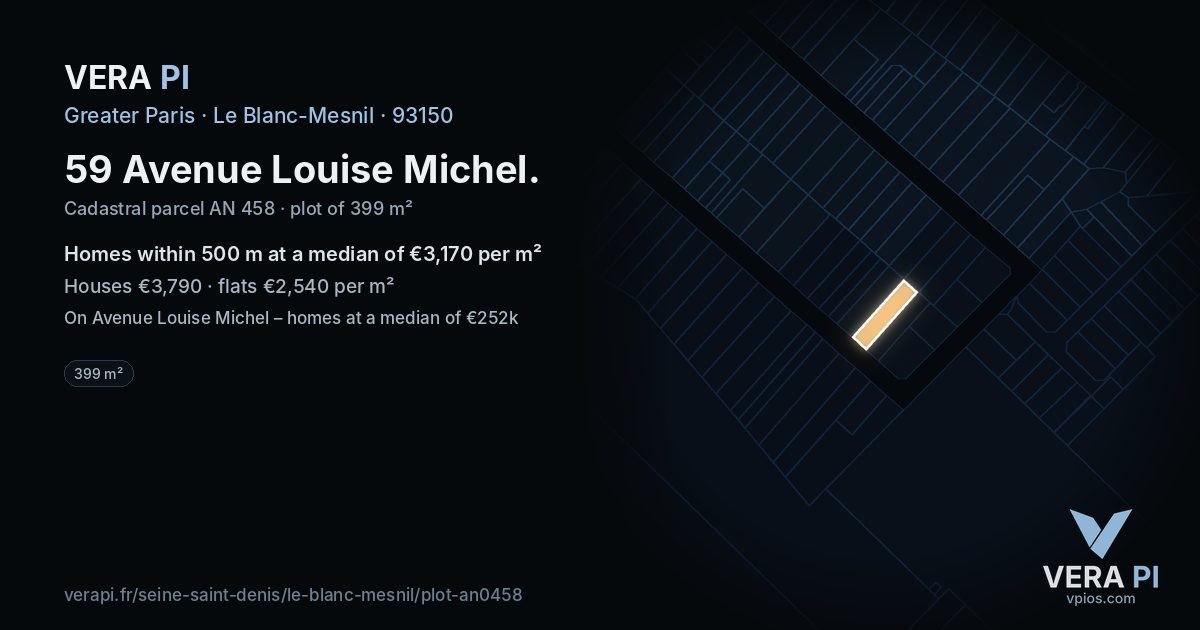 59 Avenue Louise Michel, Le Blanc-Mesnil at night – the plot lit, the parcels around coloured by the prices near them