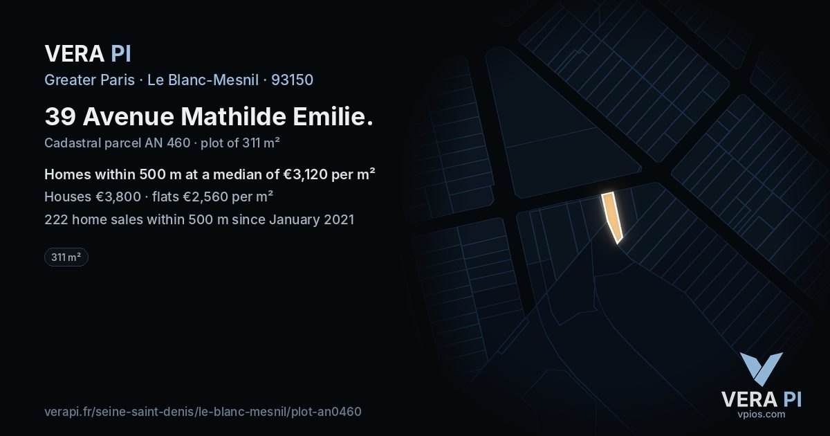 39 Avenue Mathilde Emilie, Le Blanc-Mesnil at night – the plot lit, the parcels around coloured by the prices near them
