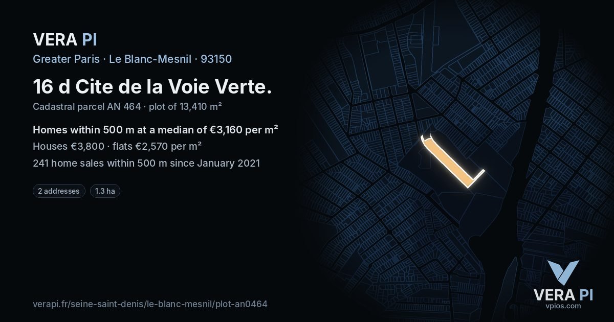 16 d Cite de la Voie Verte, Le Blanc-Mesnil at night – the plot lit, the parcels around coloured by the prices near them