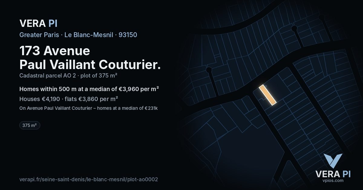 173 Avenue Paul Vaillant Couturier, Le Blanc-Mesnil at night – the plot lit, the parcels around coloured by the prices near them