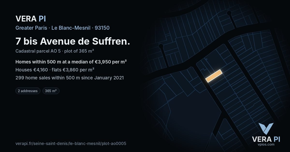 7 bis Avenue de Suffren, Le Blanc-Mesnil at night – the plot lit, the parcels around coloured by the prices near them
