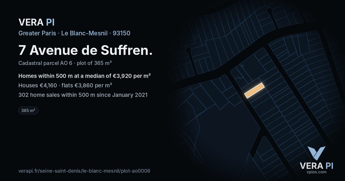 7 Avenue de Suffren, Le Blanc-Mesnil at night – the plot lit, the parcels around coloured by the prices near them