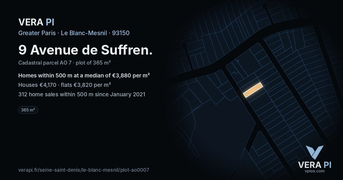 9 Avenue de Suffren, Le Blanc-Mesnil at night – the plot lit, the parcels around coloured by the prices near them