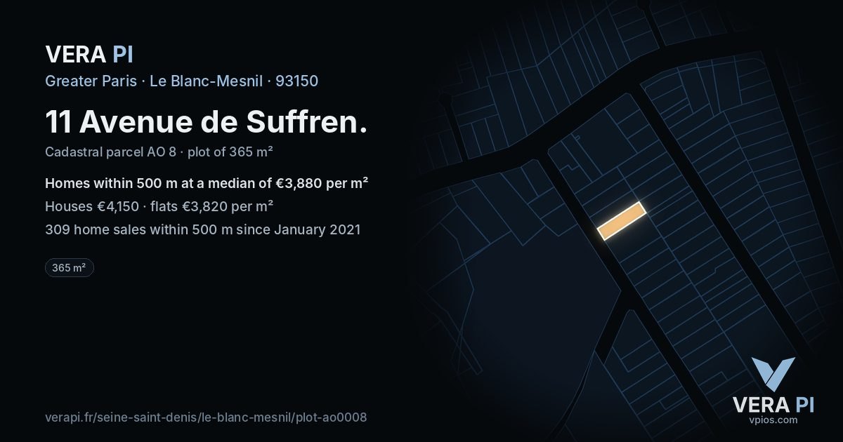 11 Avenue de Suffren, Le Blanc-Mesnil at night – the plot lit, the parcels around coloured by the prices near them