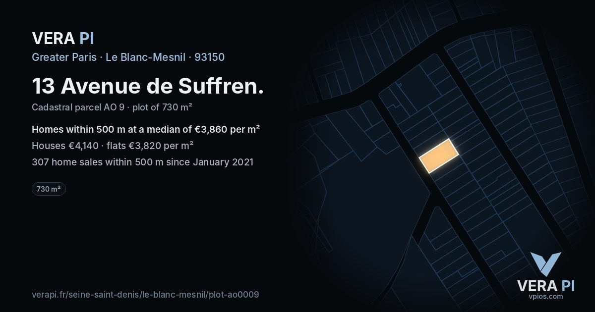13 Avenue de Suffren, Le Blanc-Mesnil at night – the plot lit, the parcels around coloured by the prices near them