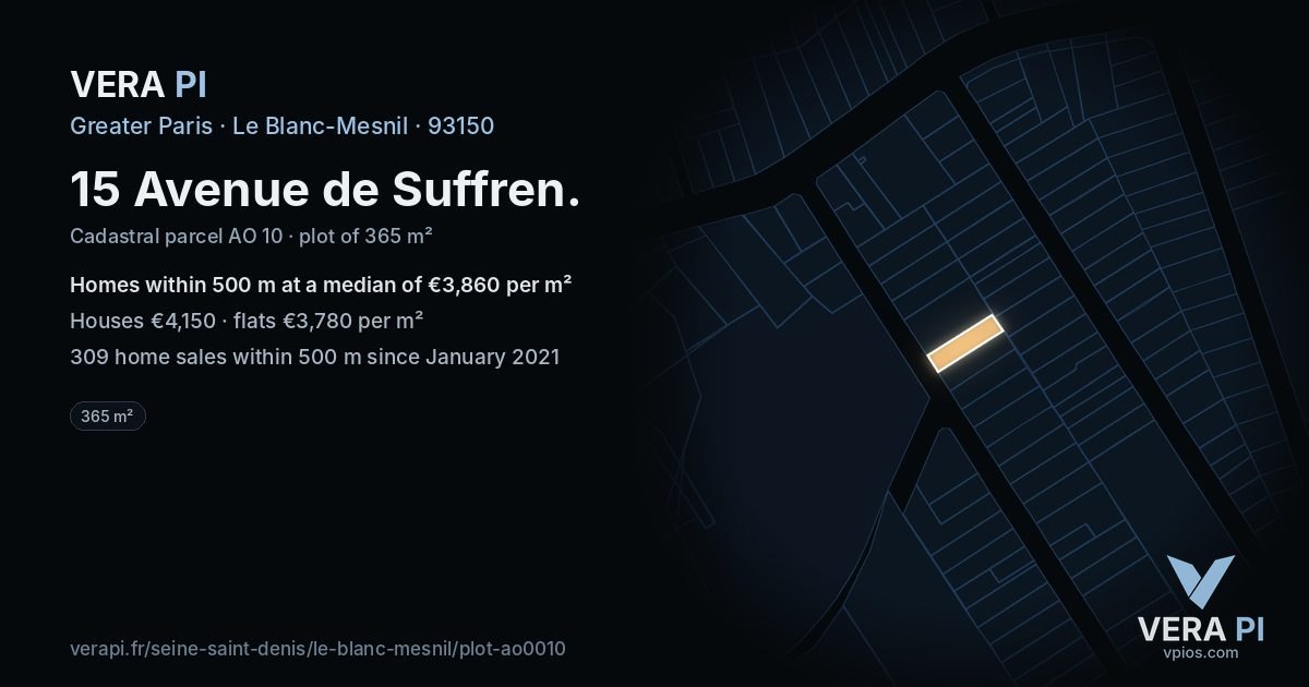 15 Avenue de Suffren, Le Blanc-Mesnil at night – the plot lit, the parcels around coloured by the prices near them