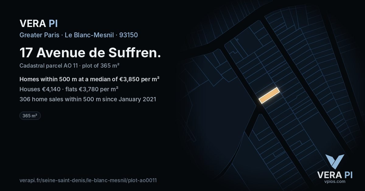 17 Avenue de Suffren, Le Blanc-Mesnil at night – the plot lit, the parcels around coloured by the prices near them