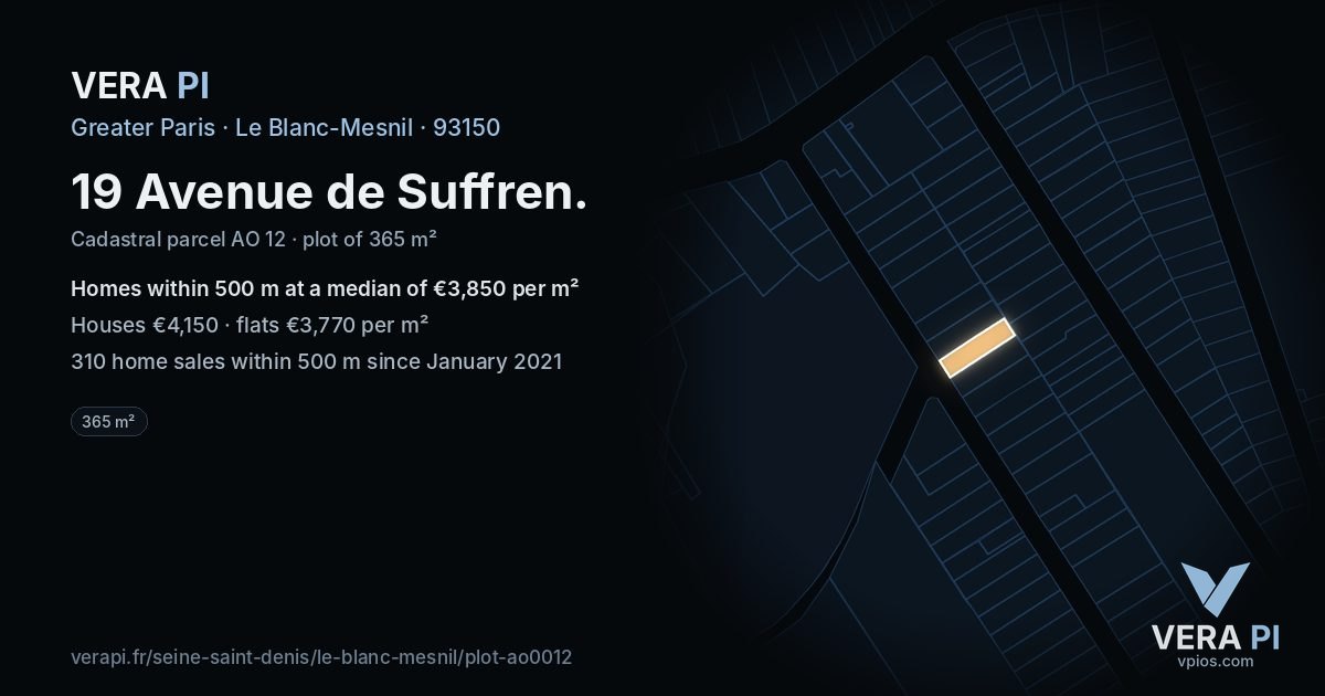 19 Avenue de Suffren, Le Blanc-Mesnil at night – the plot lit, the parcels around coloured by the prices near them