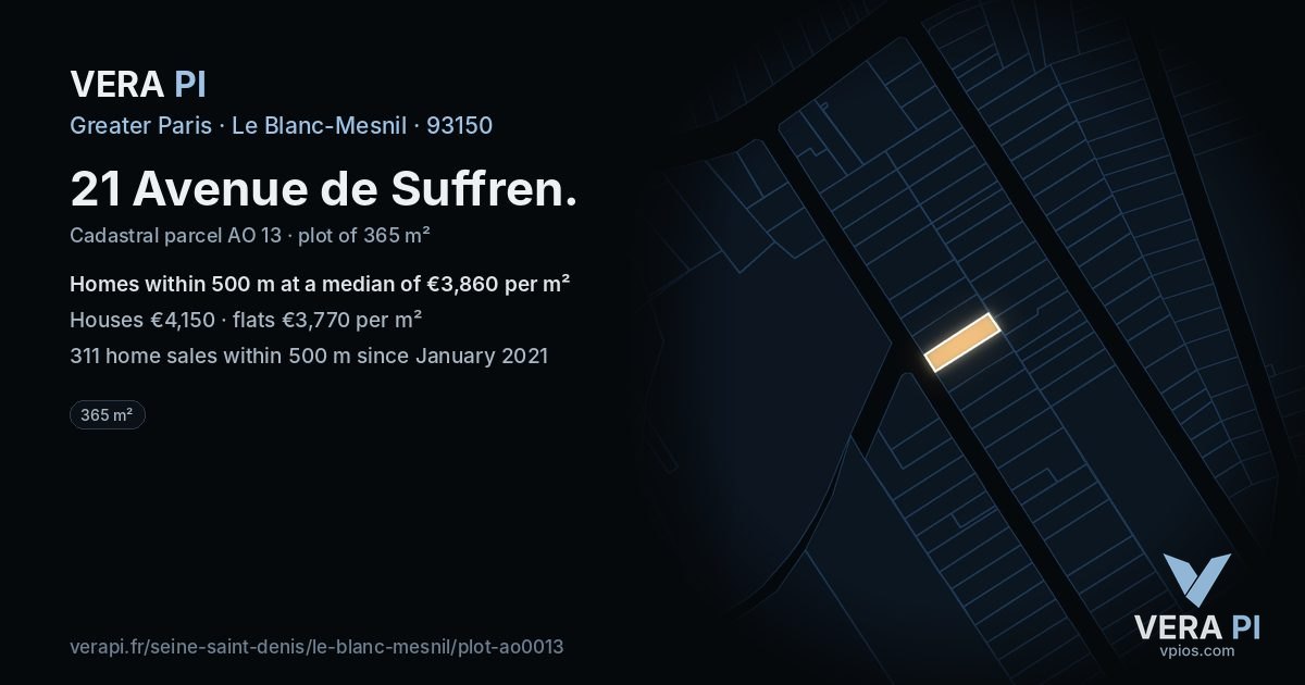 21 Avenue de Suffren, Le Blanc-Mesnil at night – the plot lit, the parcels around coloured by the prices near them
