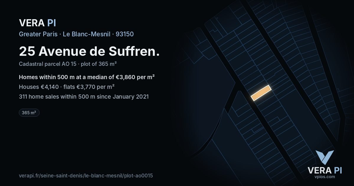 25 Avenue de Suffren, Le Blanc-Mesnil at night – the plot lit, the parcels around coloured by the prices near them
