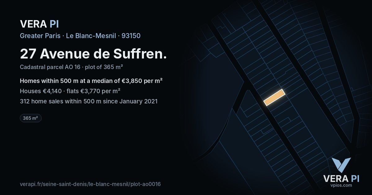27 Avenue de Suffren, Le Blanc-Mesnil at night – the plot lit, the parcels around coloured by the prices near them