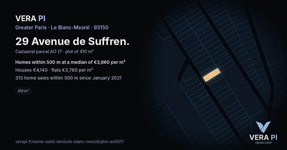 29 Avenue de Suffren, Le Blanc-Mesnil at night – the plot lit, the parcels around coloured by the prices near them