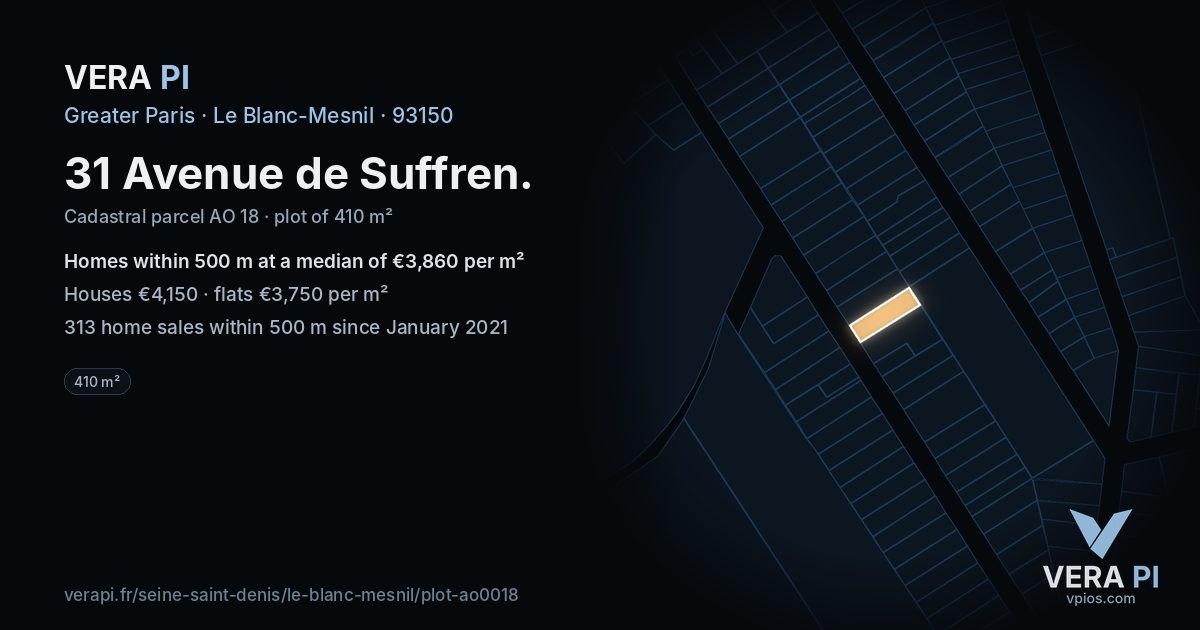 31 Avenue de Suffren, Le Blanc-Mesnil at night – the plot lit, the parcels around coloured by the prices near them