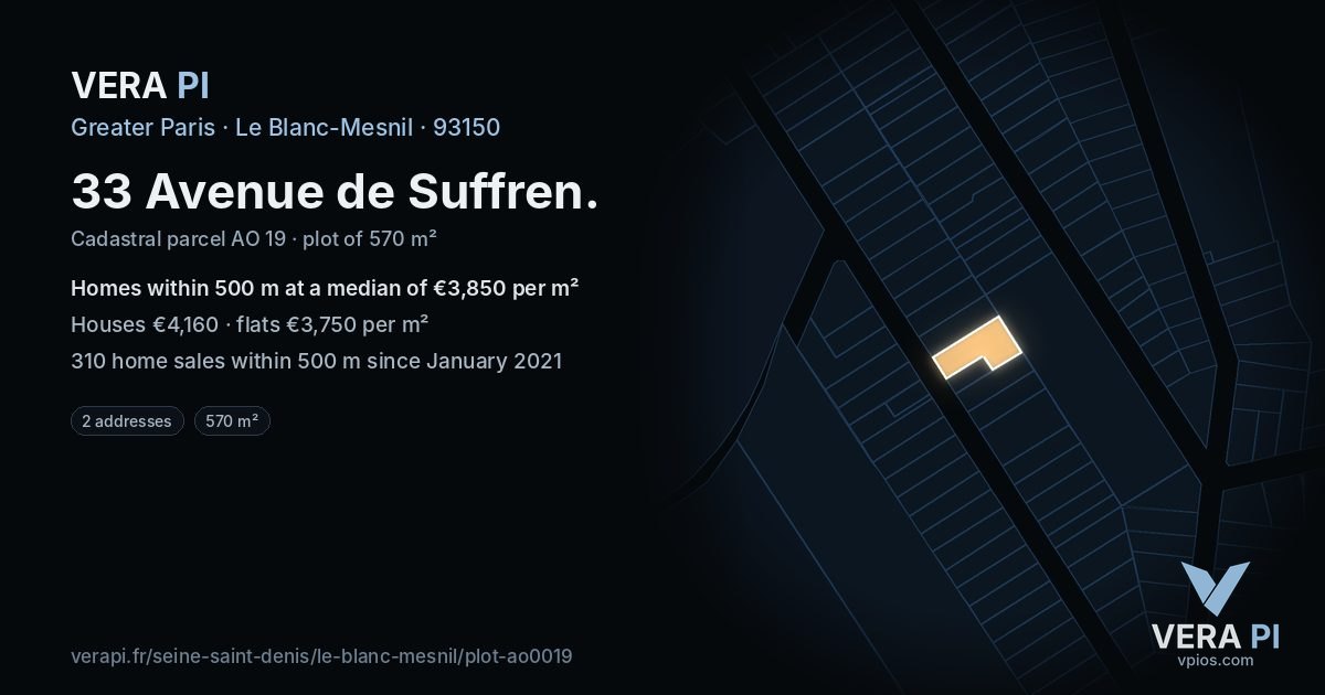 33 Avenue de Suffren, Le Blanc-Mesnil at night – the plot lit, the parcels around coloured by the prices near them
