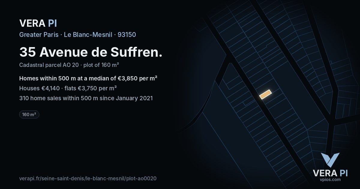35 Avenue de Suffren, Le Blanc-Mesnil at night – the plot lit, the parcels around coloured by the prices near them