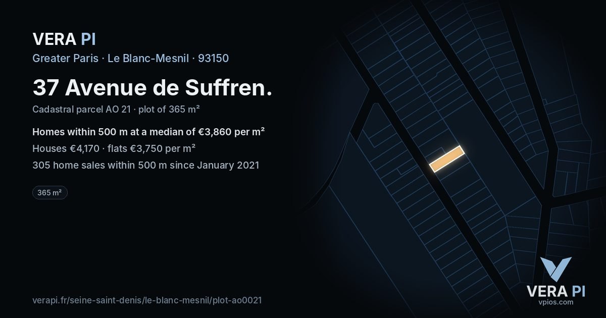37 Avenue de Suffren, Le Blanc-Mesnil at night – the plot lit, the parcels around coloured by the prices near them