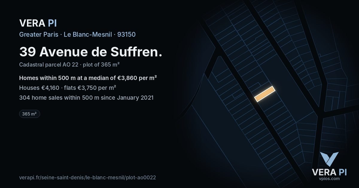 39 Avenue de Suffren, Le Blanc-Mesnil at night – the plot lit, the parcels around coloured by the prices near them