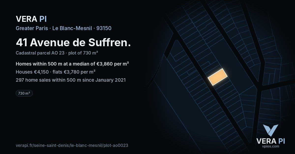 41 Avenue de Suffren, Le Blanc-Mesnil at night – the plot lit, the parcels around coloured by the prices near them