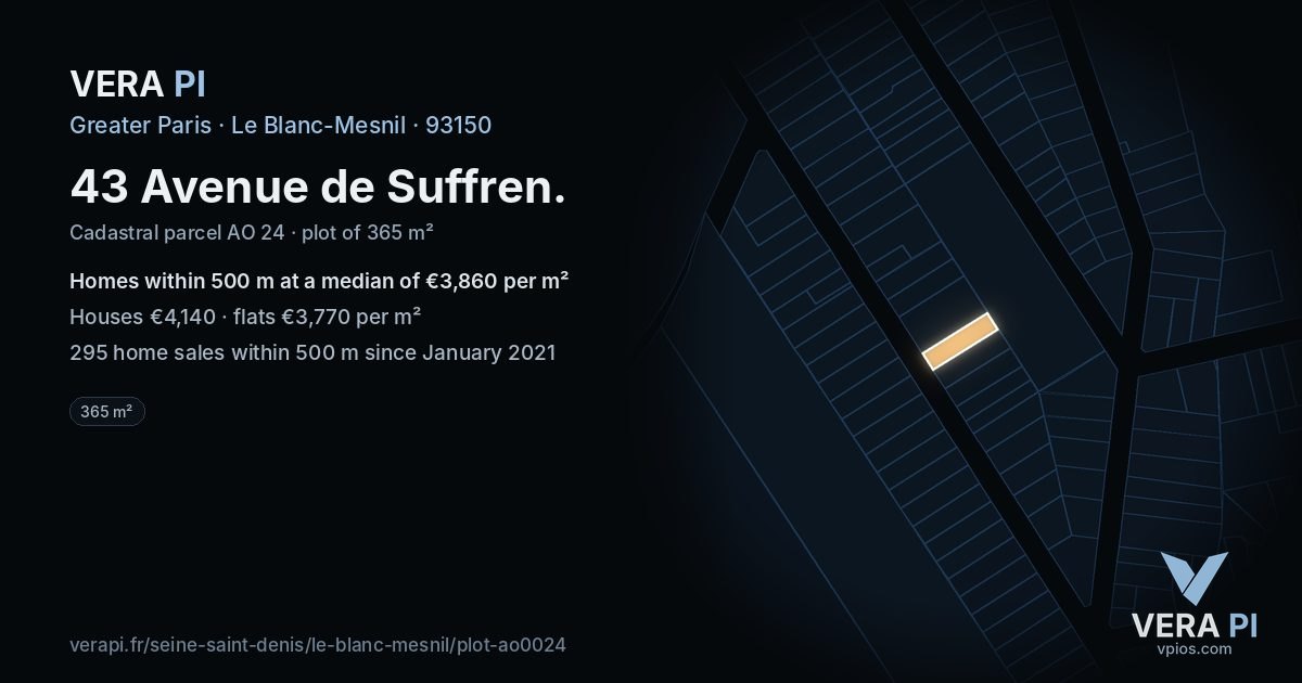 43 Avenue de Suffren, Le Blanc-Mesnil at night – the plot lit, the parcels around coloured by the prices near them