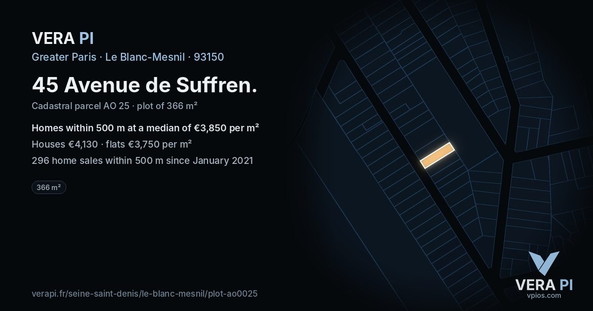 45 Avenue de Suffren, Le Blanc-Mesnil at night – the plot lit, the parcels around coloured by the prices near them