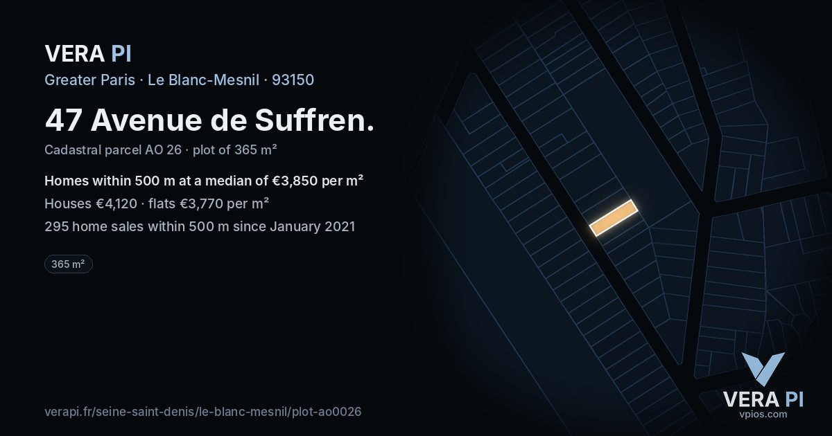 47 Avenue de Suffren, Le Blanc-Mesnil at night – the plot lit, the parcels around coloured by the prices near them