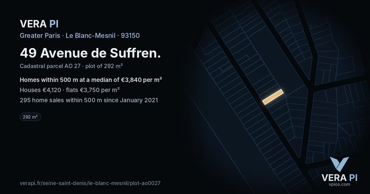 49 Avenue de Suffren, Le Blanc-Mesnil at night – the plot lit, the parcels around coloured by the prices near them