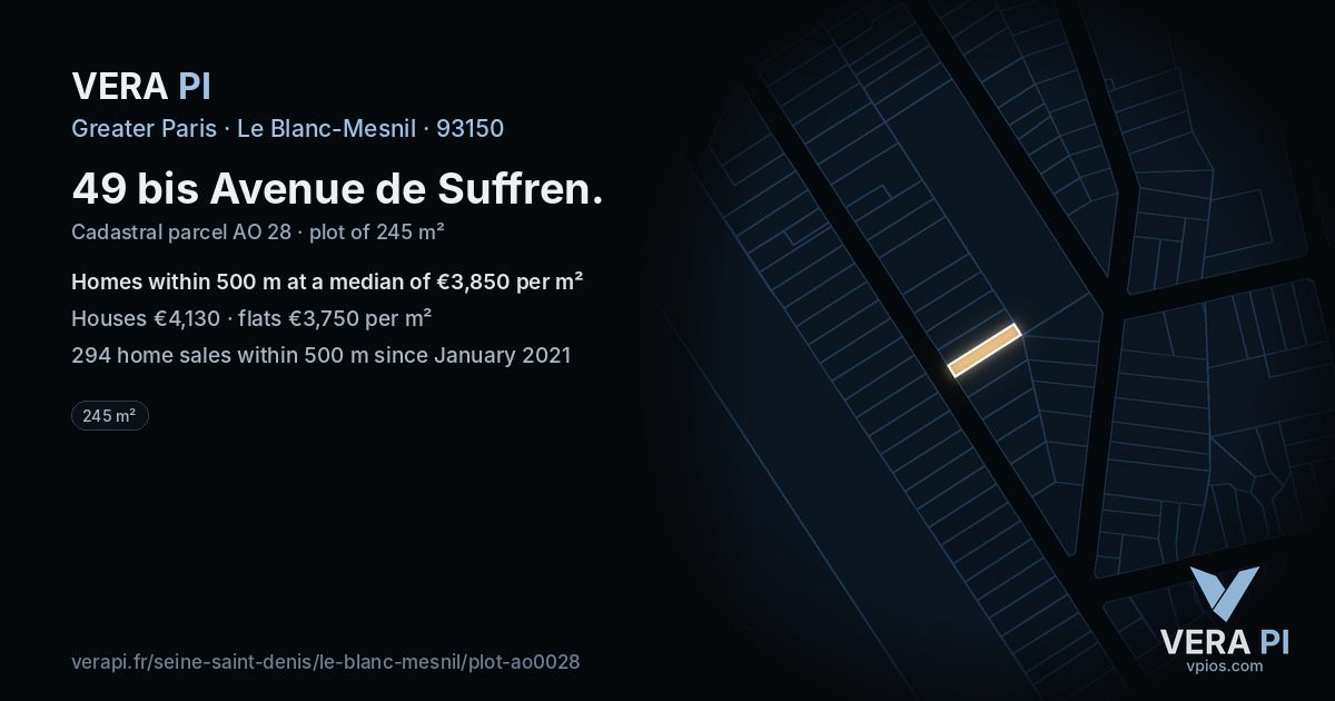 49 bis Avenue de Suffren, Le Blanc-Mesnil at night – the plot lit, the parcels around coloured by the prices near them