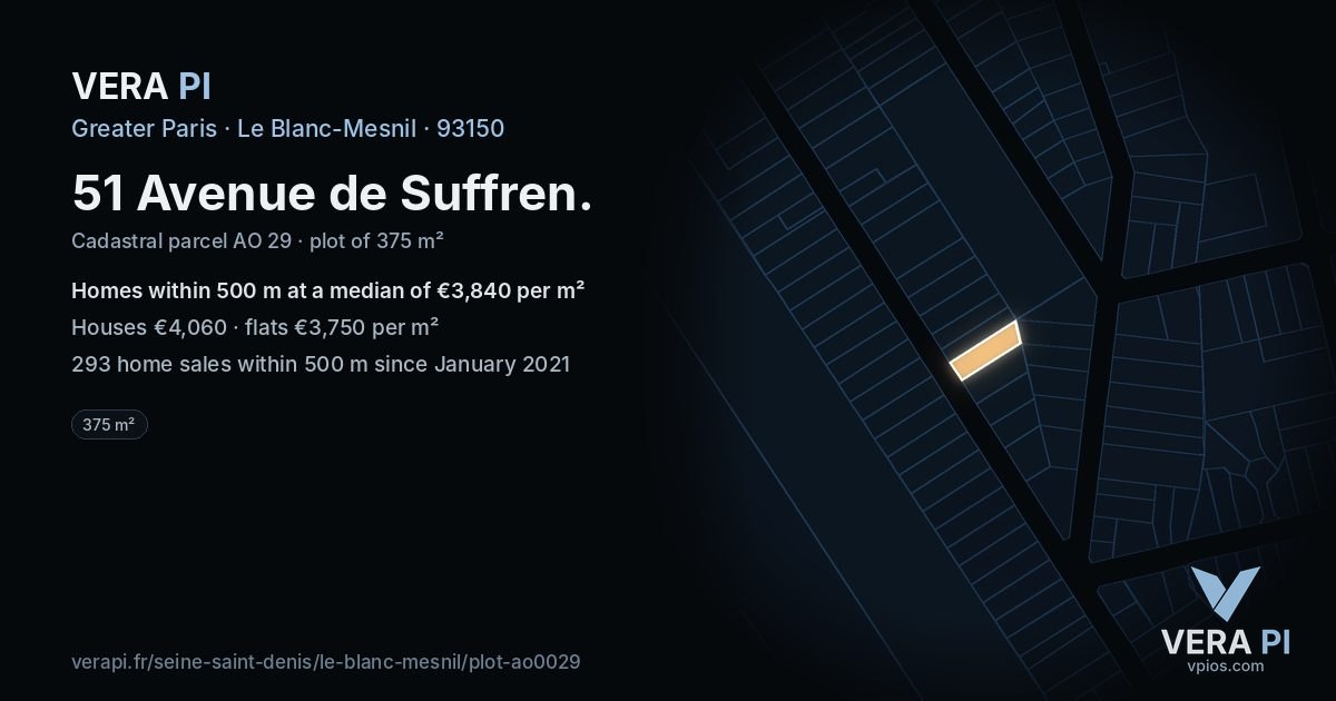 51 Avenue de Suffren, Le Blanc-Mesnil at night – the plot lit, the parcels around coloured by the prices near them