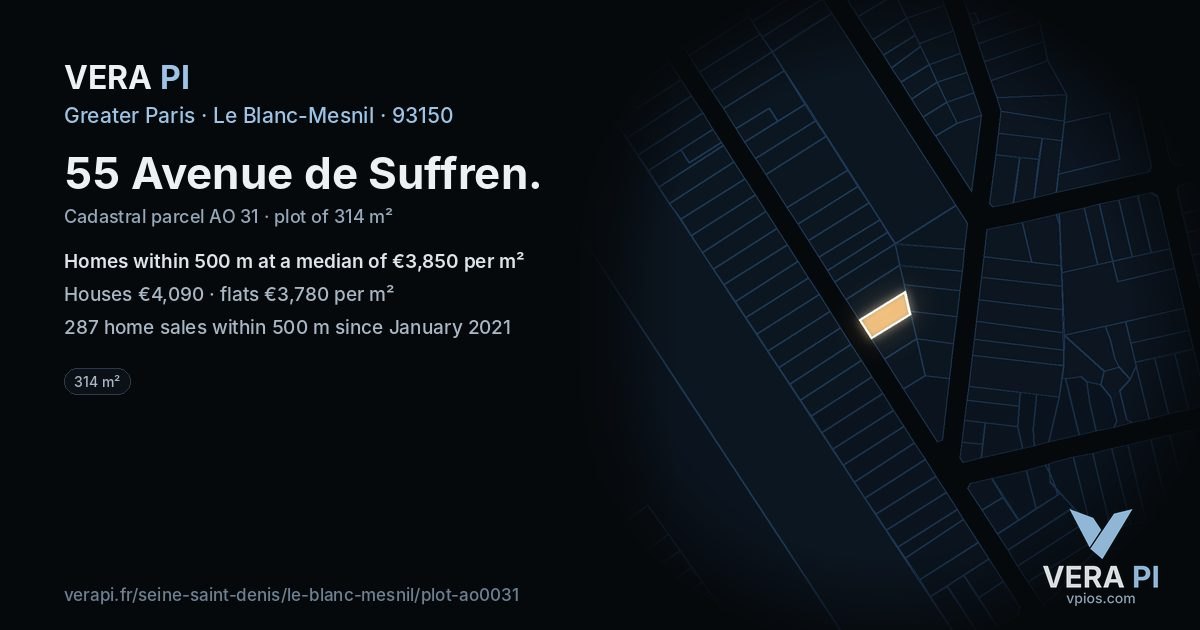 55 Avenue de Suffren, Le Blanc-Mesnil at night – the plot lit, the parcels around coloured by the prices near them