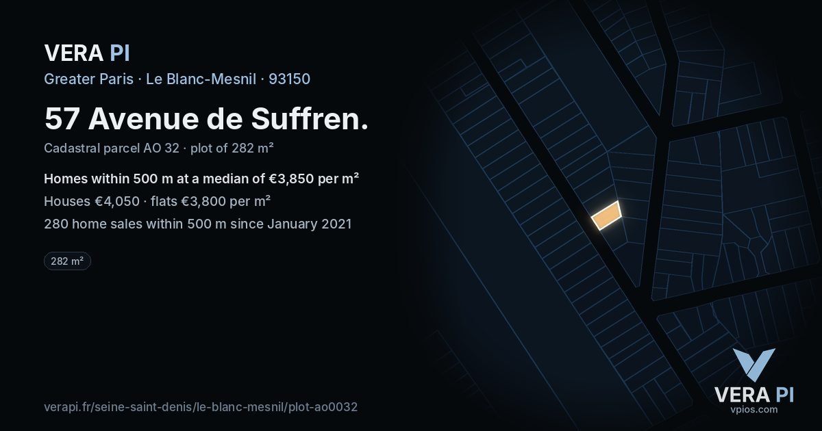 57 Avenue de Suffren, Le Blanc-Mesnil at night – the plot lit, the parcels around coloured by the prices near them