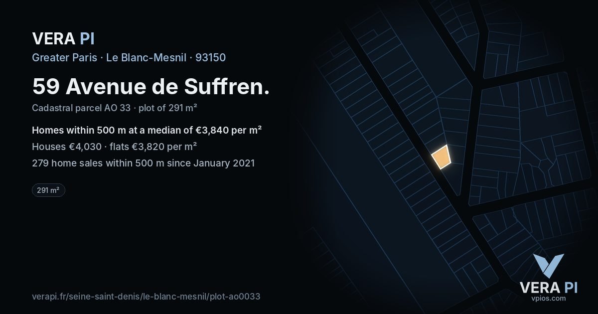 59 Avenue de Suffren, Le Blanc-Mesnil at night – the plot lit, the parcels around coloured by the prices near them