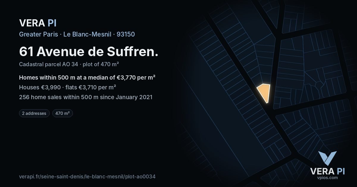 61 Avenue de Suffren, Le Blanc-Mesnil at night – the plot lit, the parcels around coloured by the prices near them