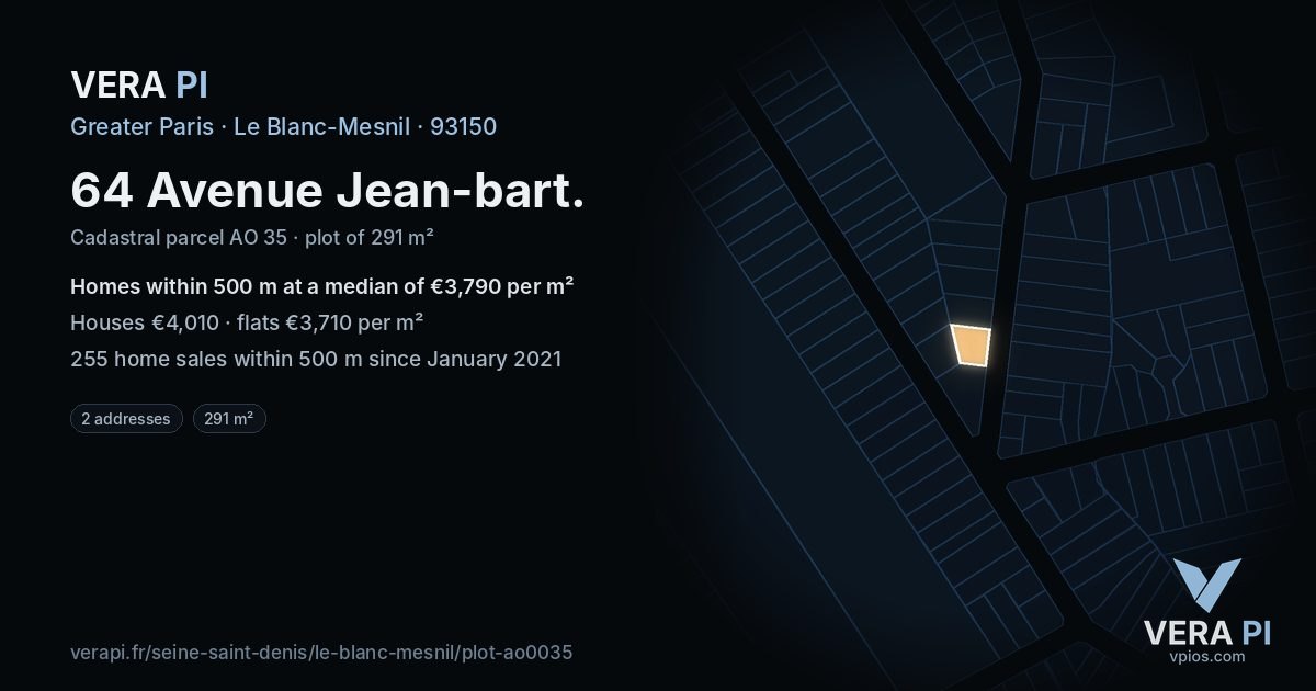 64 Avenue Jean-bart, Le Blanc-Mesnil at night – the plot lit, the parcels around coloured by the prices near them