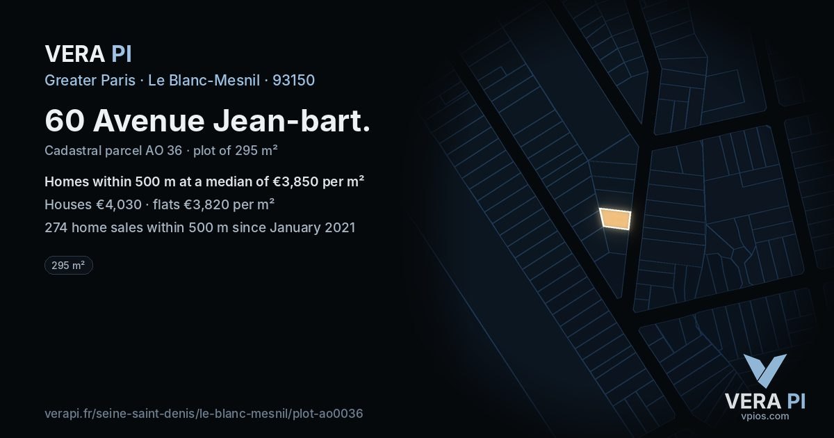60 Avenue Jean-bart, Le Blanc-Mesnil at night – the plot lit, the parcels around coloured by the prices near them