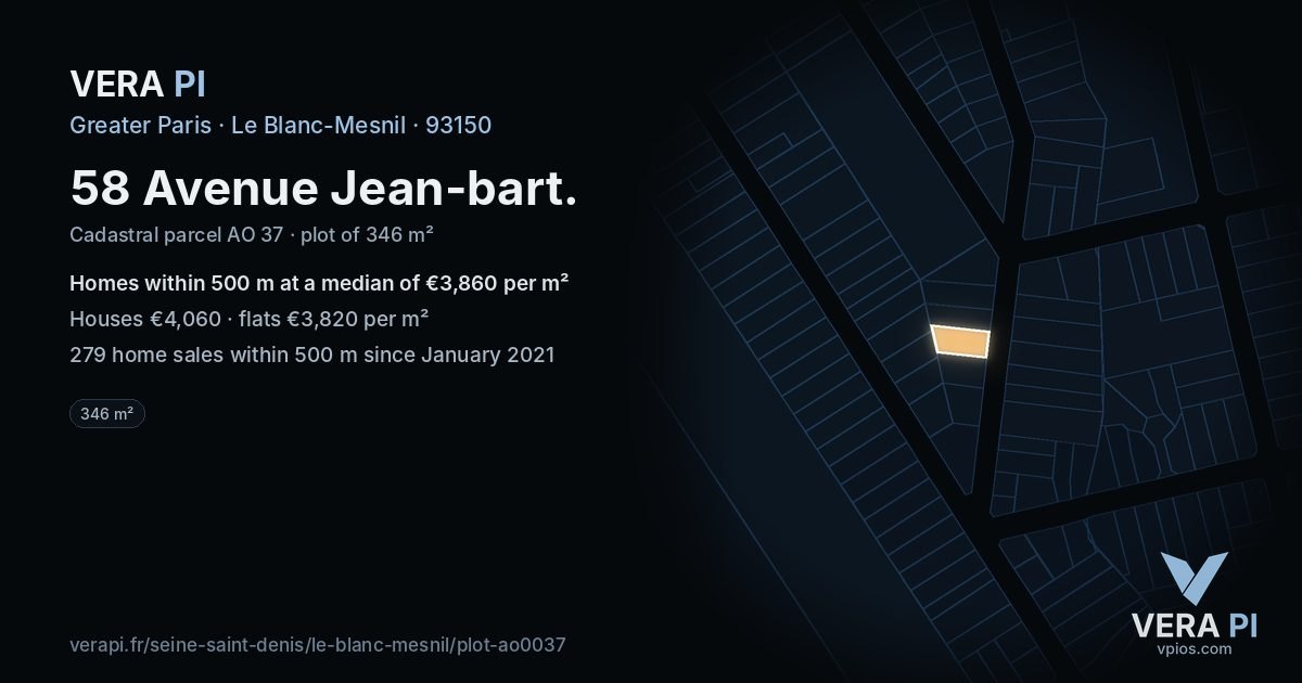 58 Avenue Jean-bart, Le Blanc-Mesnil at night – the plot lit, the parcels around coloured by the prices near them