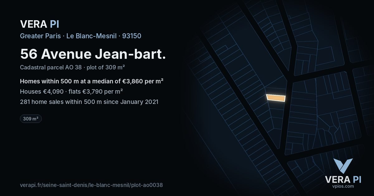 56 Avenue Jean-bart, Le Blanc-Mesnil at night – the plot lit, the parcels around coloured by the prices near them