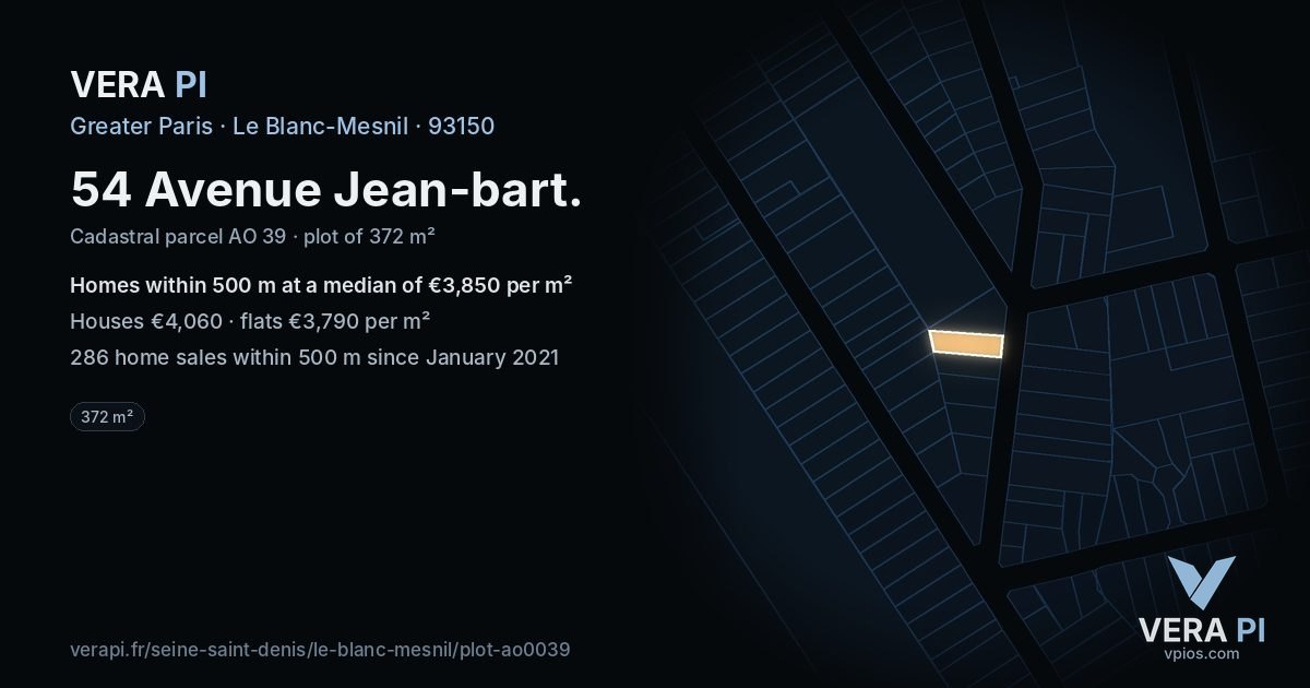 54 Avenue Jean-bart, Le Blanc-Mesnil at night – the plot lit, the parcels around coloured by the prices near them