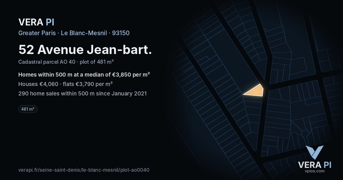 52 Avenue Jean-bart, Le Blanc-Mesnil at night – the plot lit, the parcels around coloured by the prices near them