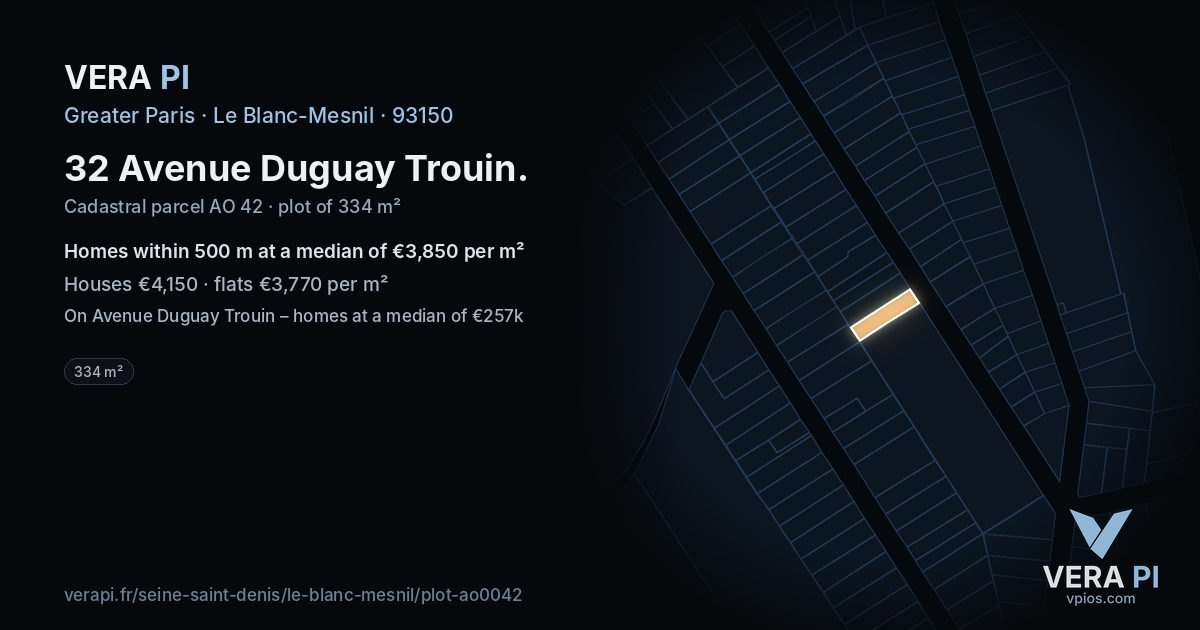 32 Avenue Duguay Trouin, Le Blanc-Mesnil at night – the plot lit, the parcels around coloured by the prices near them